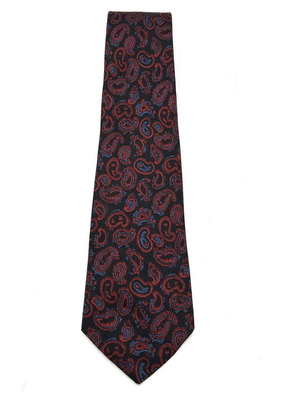 Vintage Silk Foulard Tie Black Red Blue Paisley Hand Blocked England Necktie